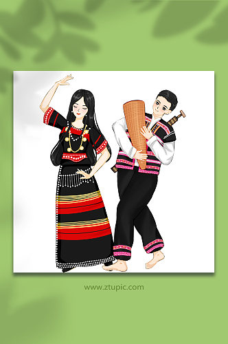 少数民族珞巴族情侣跳舞原创人物插画
