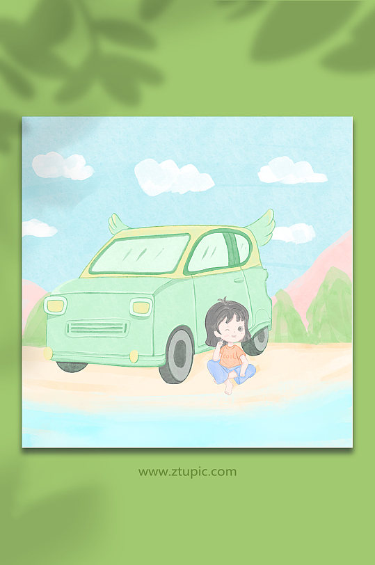 卡通水彩女孩开车旅游旅行人物插画