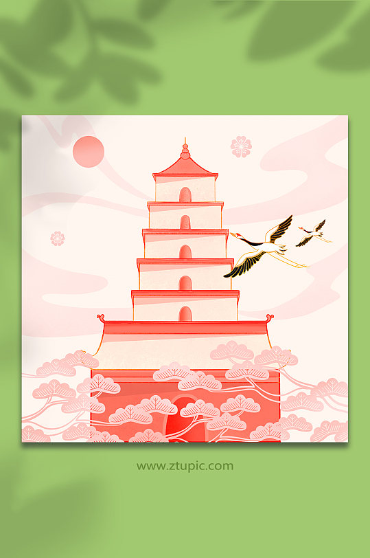原创大雁塔西安城市地标建筑插画