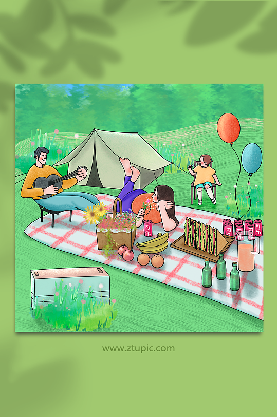 可爱的扁平风化风格郊游露营人物插画
