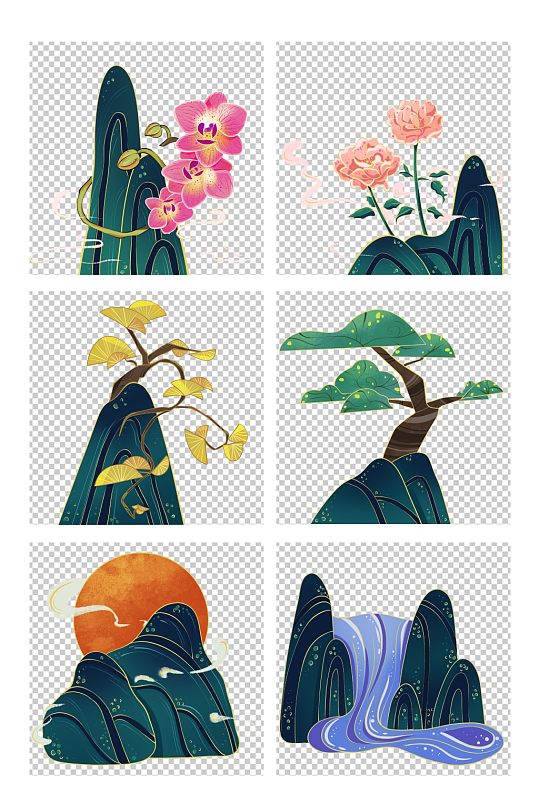 唯美月季兰花日出树木国潮山水元素插画