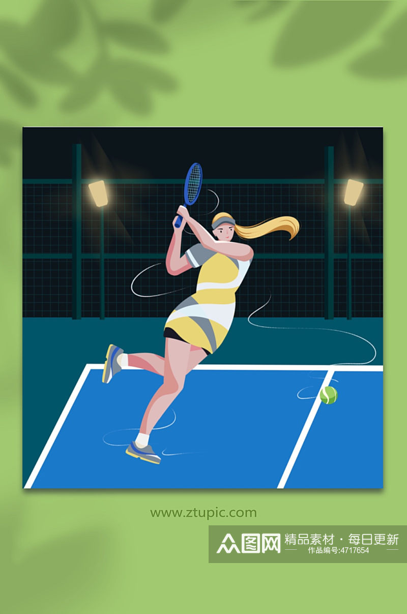 夜晚网球场训练比赛网球运动人物插画素材