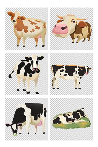 可爱奶牛吃草休息黄奶牛等奶牛动物元素插画
