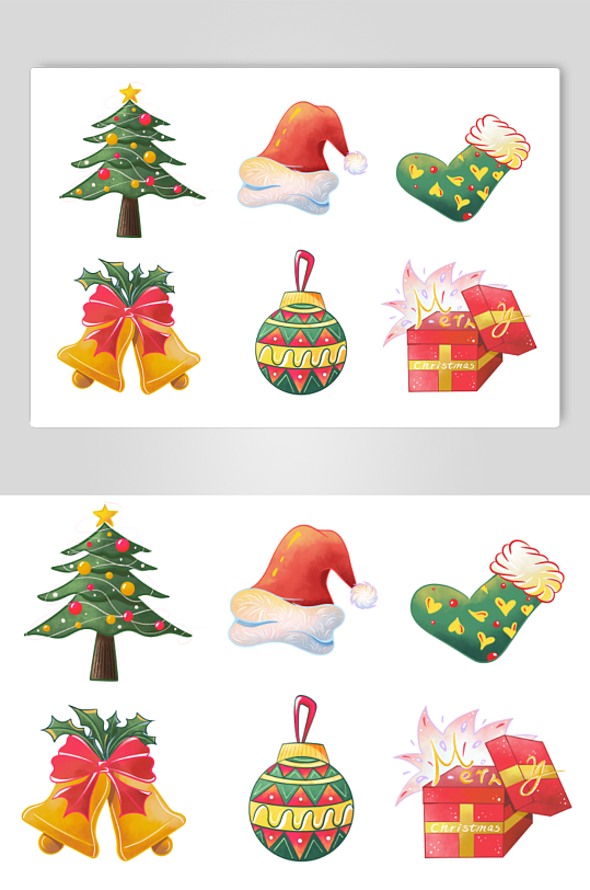 可爱圣诞树礼物铃铛圣诞帽等圣诞节元素插画