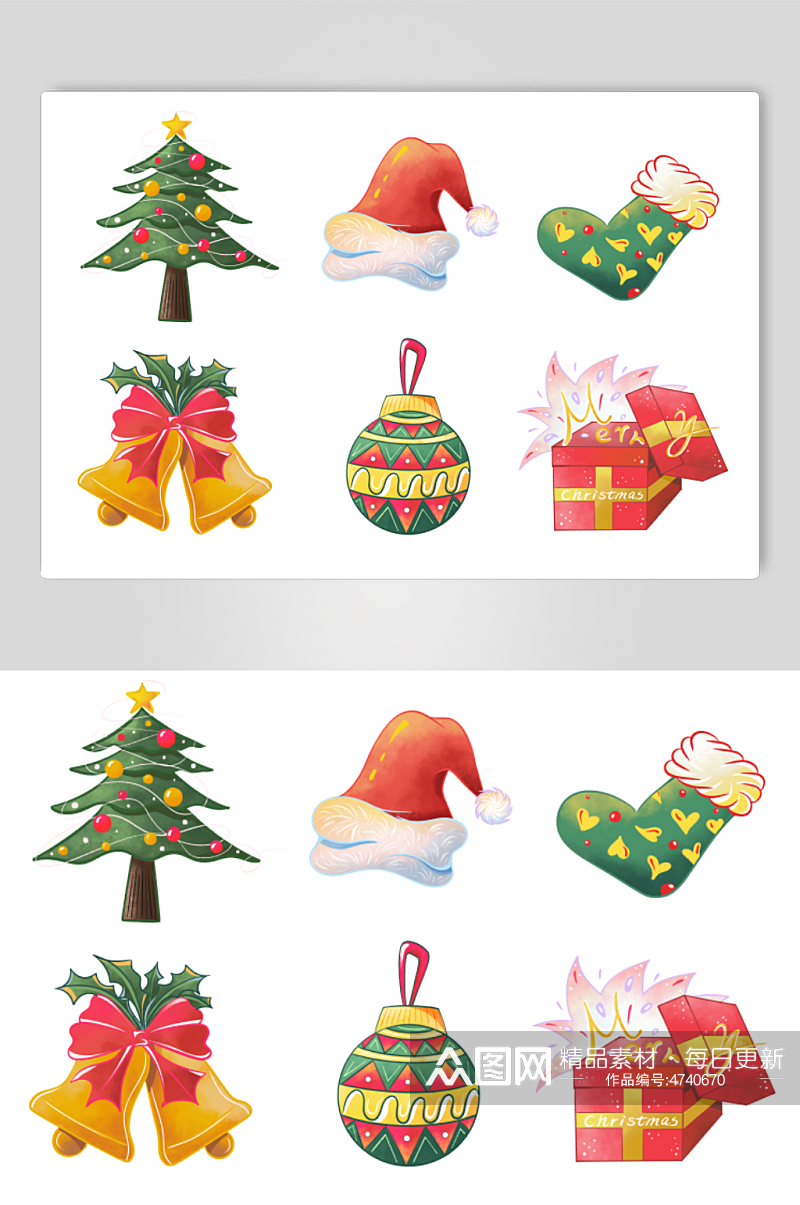 可爱圣诞树礼物铃铛圣诞帽等圣诞节元素插画素材
