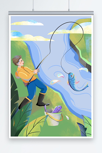 扁平化男孩在河边钓鱼垂钓人物插画