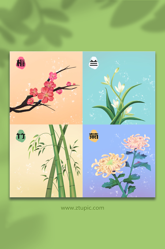 清新梅兰竹菊植物元素插画-众图网