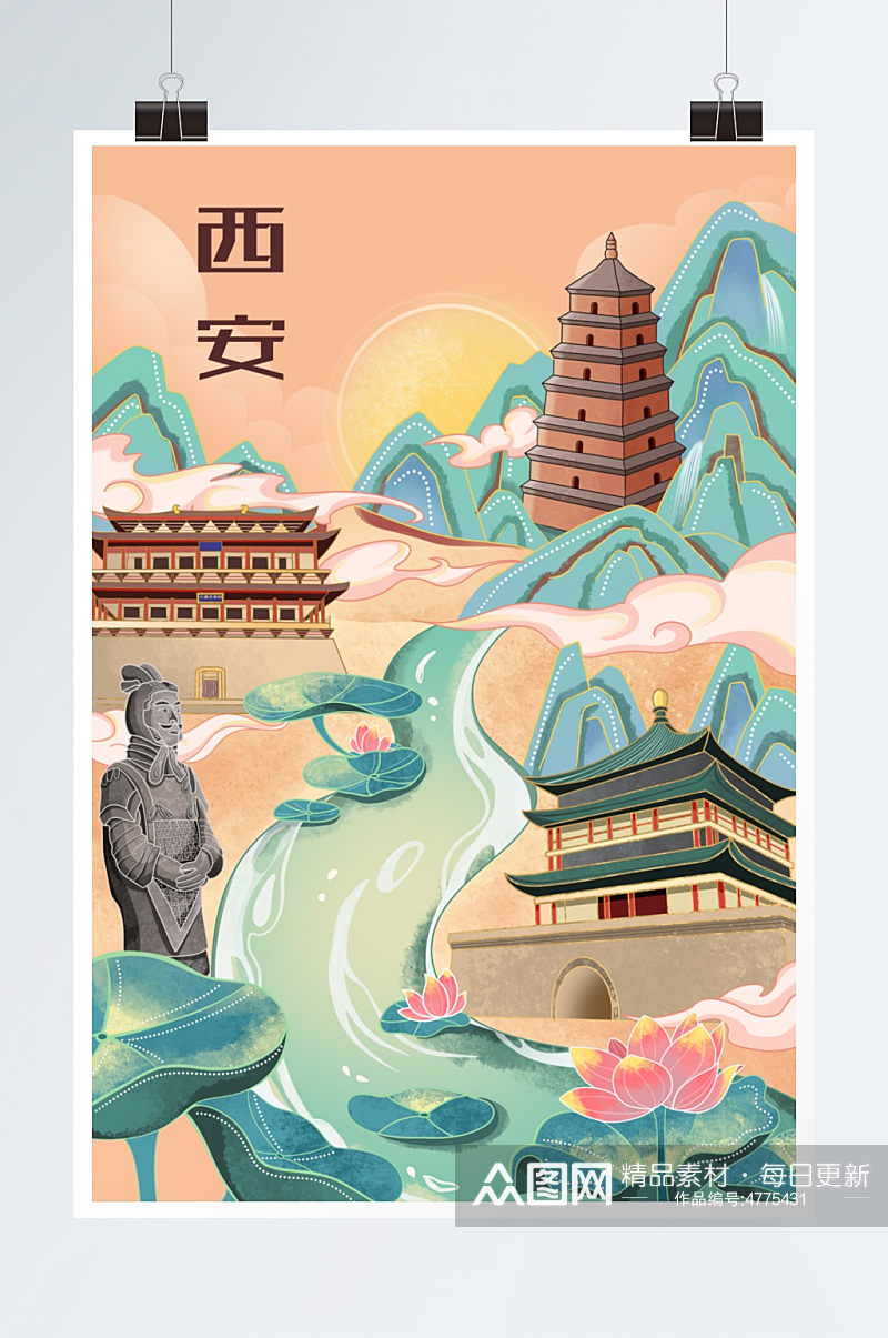新国风国潮陕西西安风景旅游城市插画素材