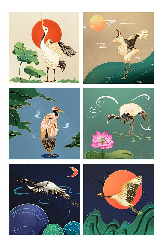 新中式山水荷花太阳国潮仙鹤元素插画-众图网