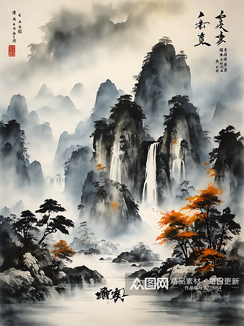 山水水墨中国画AI数字艺术素材