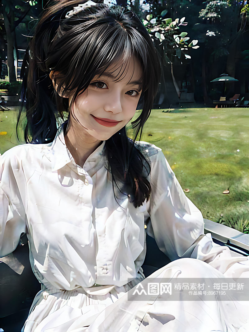 摄影风草地上的白裙美女AI数字艺术素材