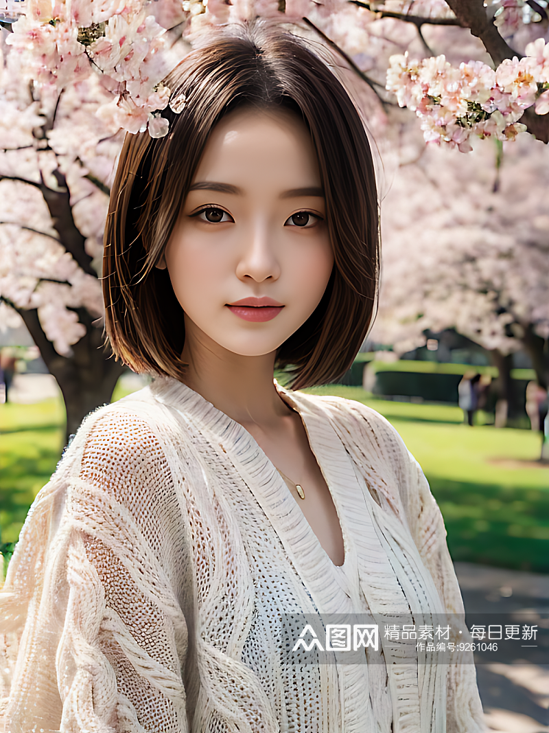 樱花树下的美女写实摄影AI数字艺术素材
