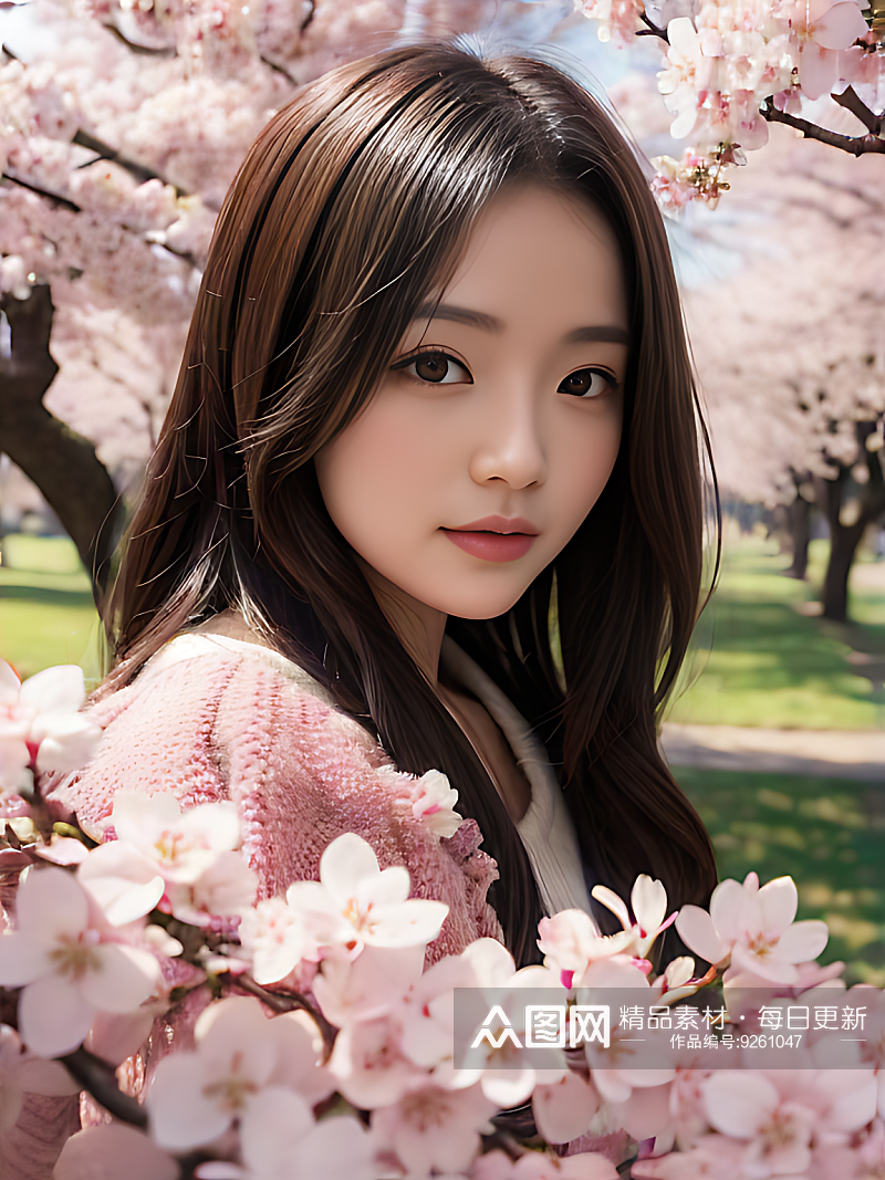 樱花树下的美女写实摄影AI数字艺术素材