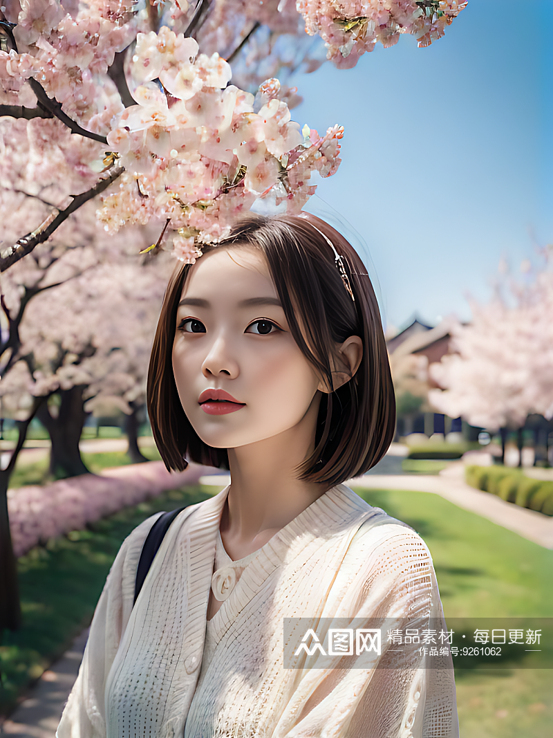 AI数字艺术樱花树下的美女写实摄影素材