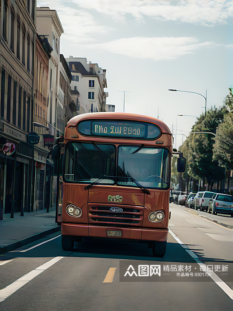 AI数字艺术马路上的一辆公交车写实摄影素材