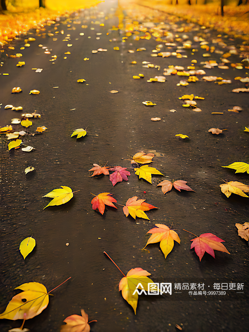 AI数字艺术写实风秋天里地上的树叶素材