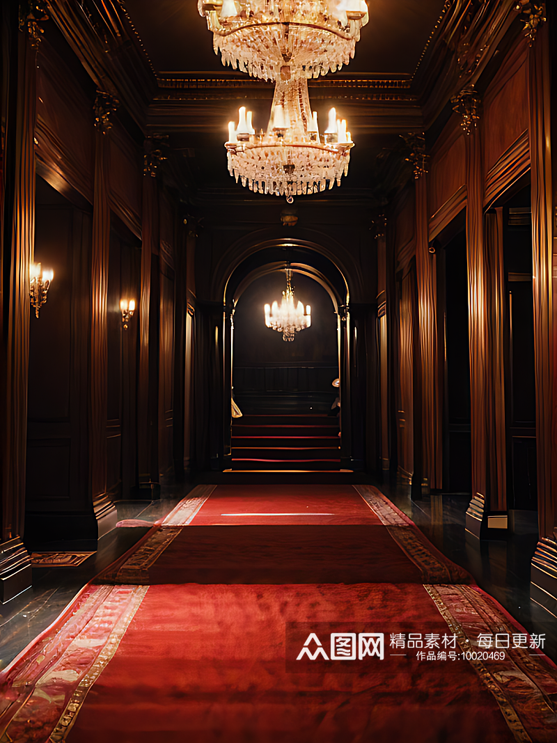AI数字艺术写实风红色长地毯大厅素材