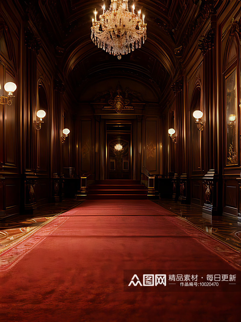 AI数字艺术写实风红色长地毯大厅素材