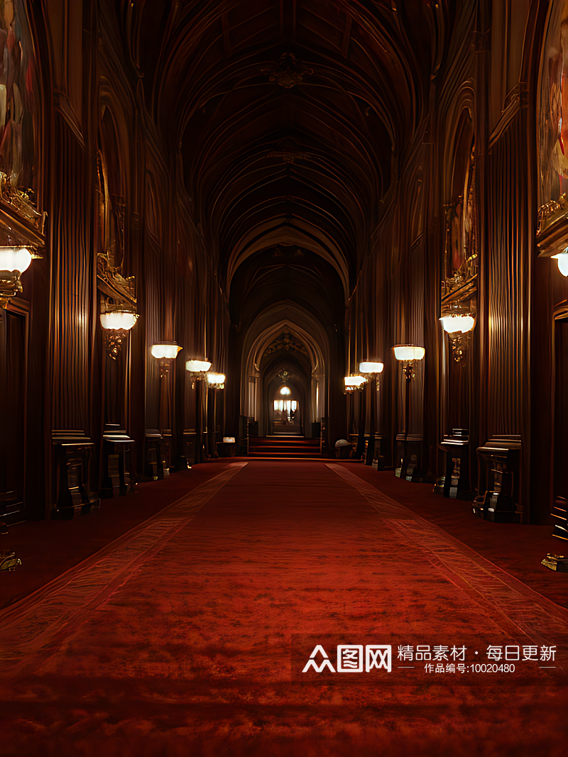 写实风红色长地毯大厅AI数字艺术素材