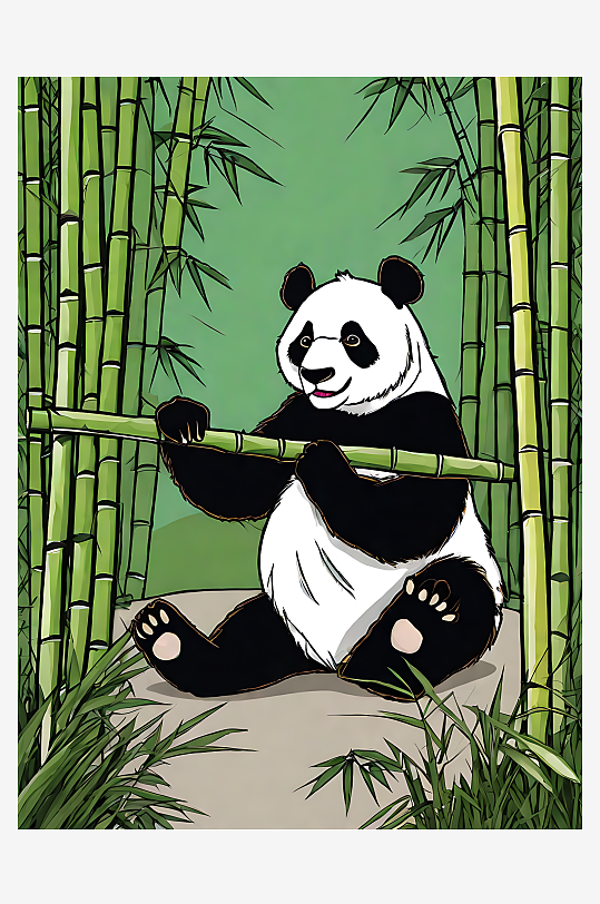 卡通风拿着竹子的熊猫AI数字艺术