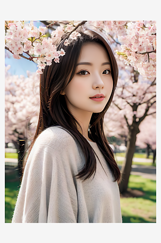 樱花树下的美女写实摄影AI数字艺术