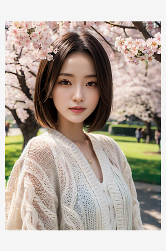 樱花树下的美女写实摄影AI数字艺术