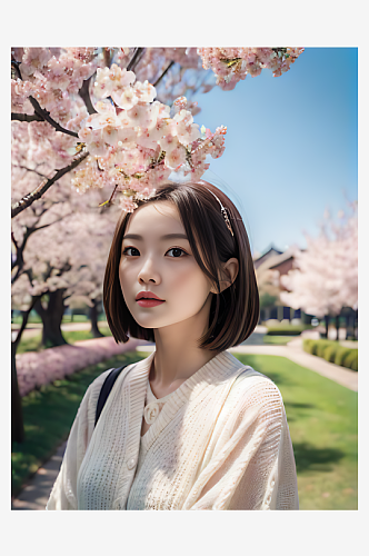 AI数字艺术樱花树下的美女写实摄影