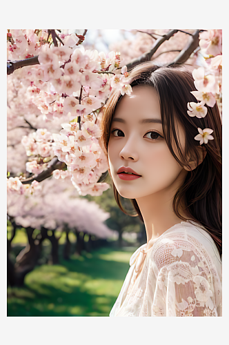 AI数字艺术樱花树下的美女写实摄影