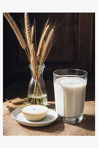 一杯牛奶和小麦写实摄影AI数字艺术