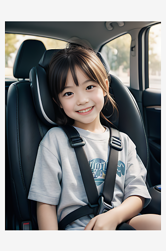 写实风儿童车座上微笑的小孩AI数字艺术