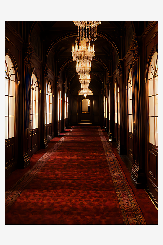AI数字艺术写实风红色长地毯大厅