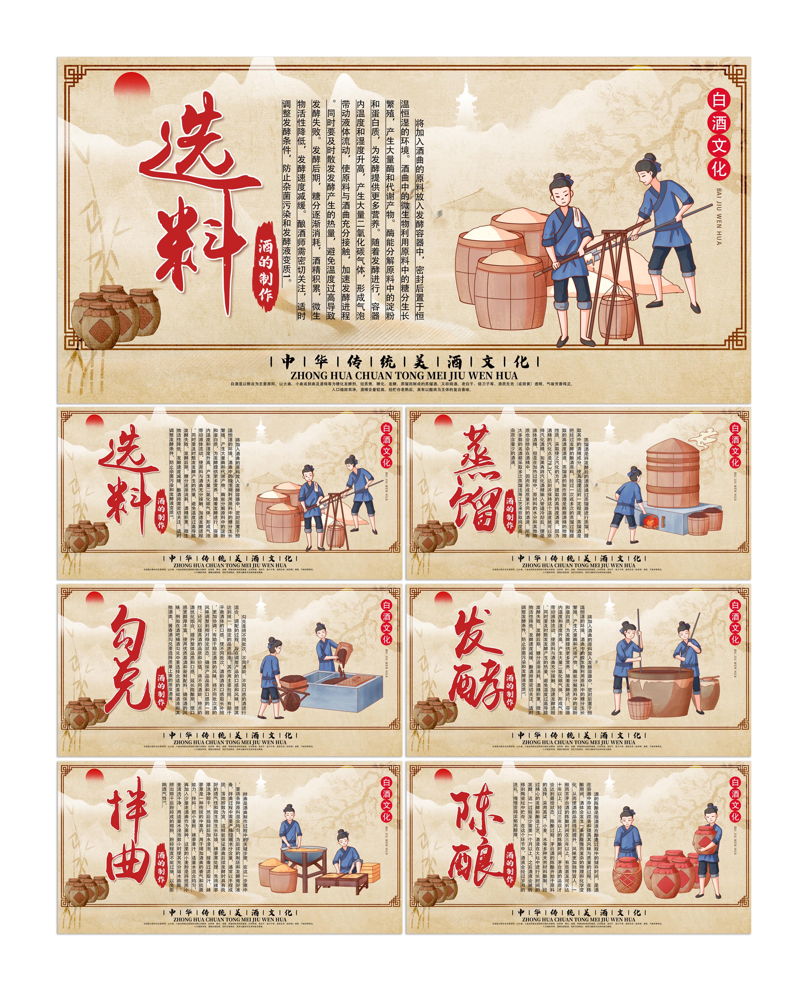 米色时尚古风中国风白酒制作酒文化传统展板素材