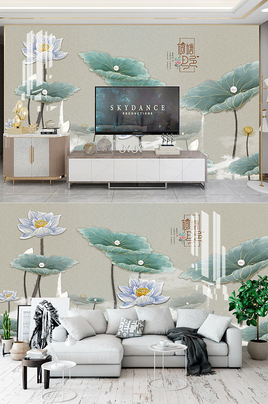 新中式荷花电视背景墙-众图网