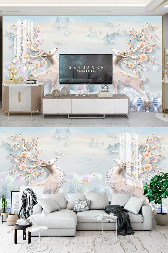 现代麋鹿电视背景墙-众图网