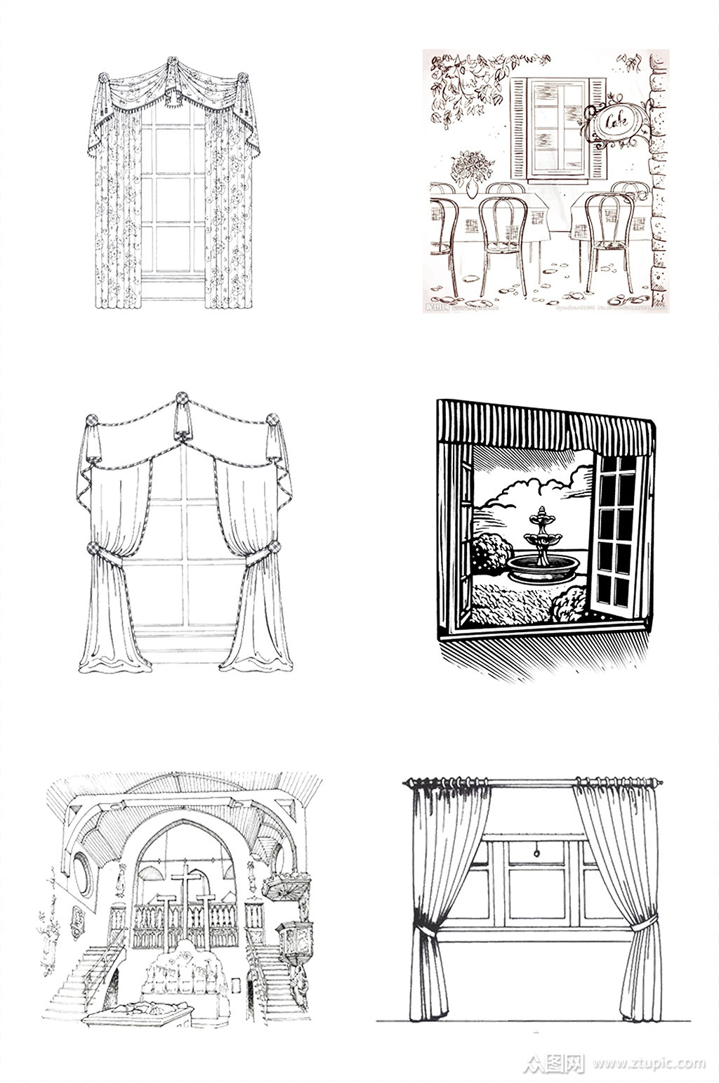 手绘黑白窗户素材