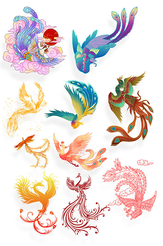 彩色凤凰剪影免扣元素