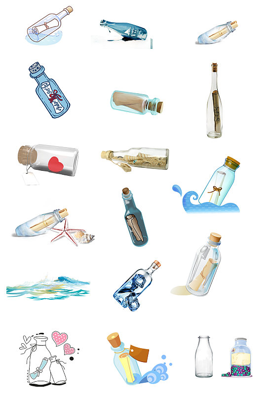 漂流瓶手绘免扣素材