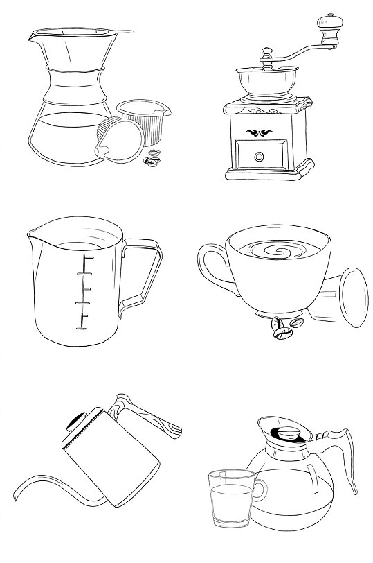 手绘咖啡厅手冲壶磨豆器图标图片