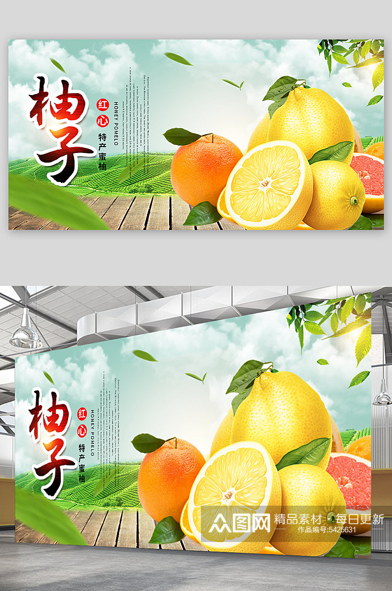 清新质感柚子水果展板素材
