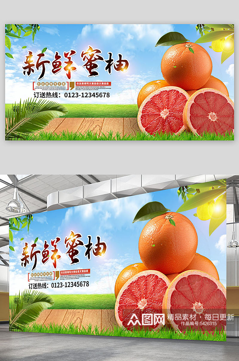 创意简约新鲜蜜柚柚子水果展板素材