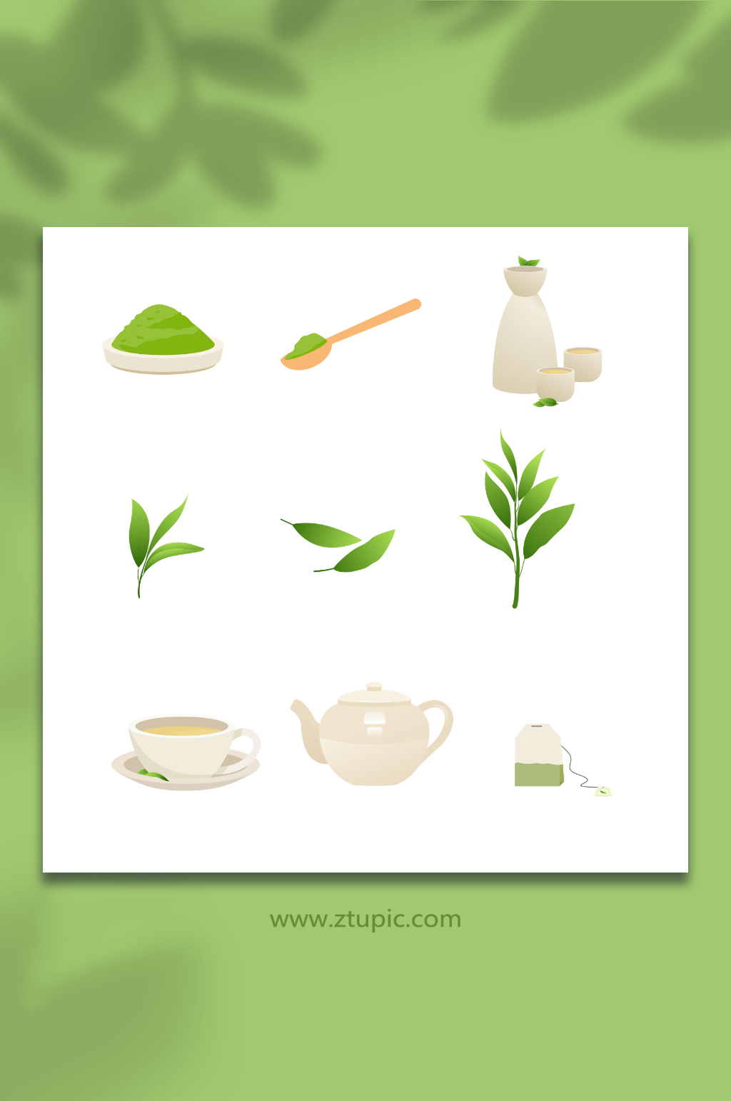 浅色茶具矢量绿茶茶叶插画元素素材