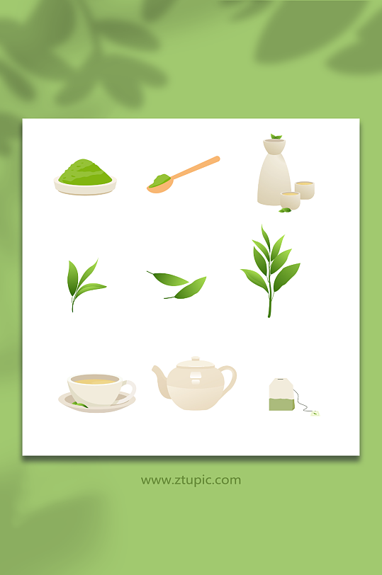 浅色茶具矢量绿茶茶叶插画元素