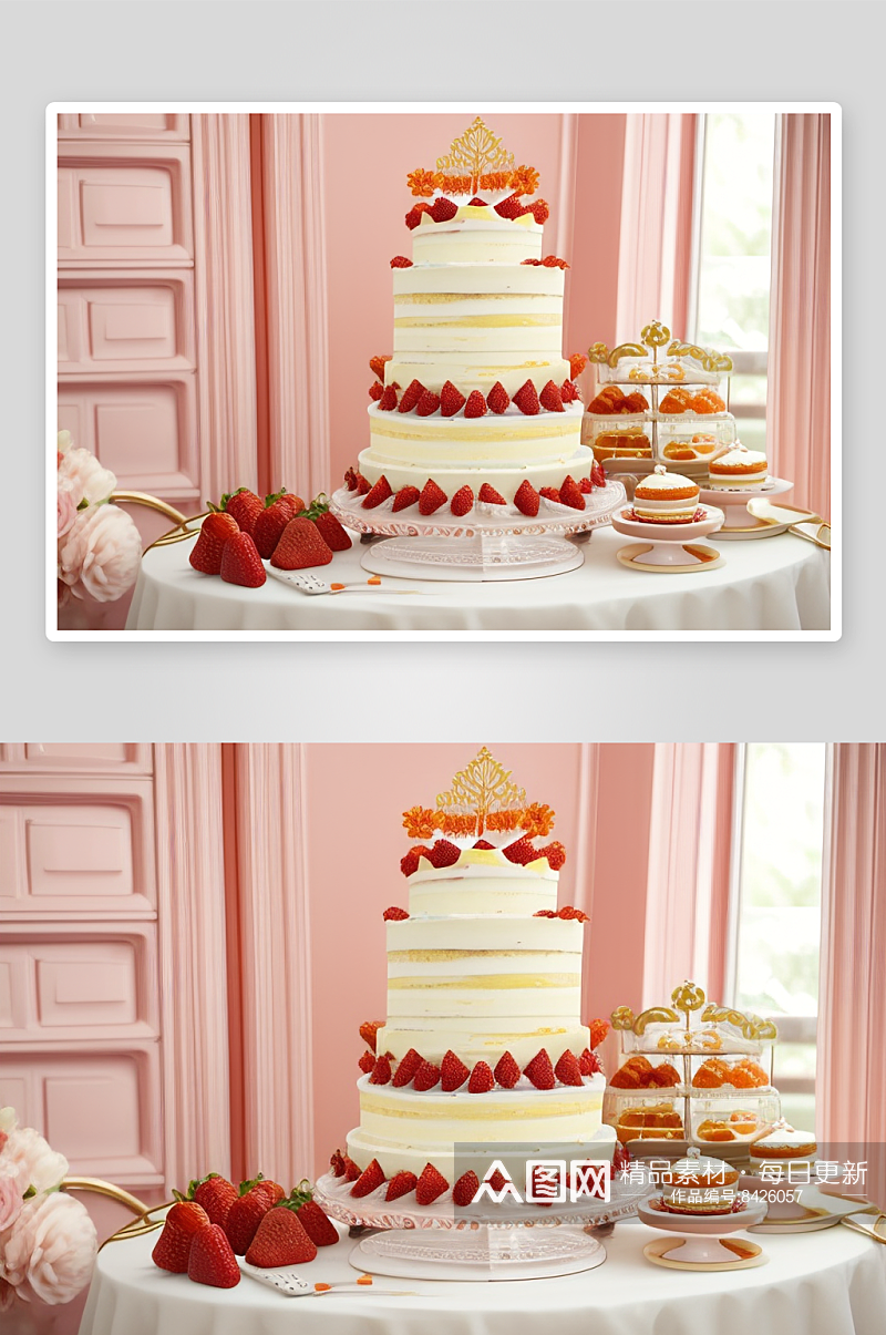 草莓蛋糕与水果拼盘的清爽组合素材
