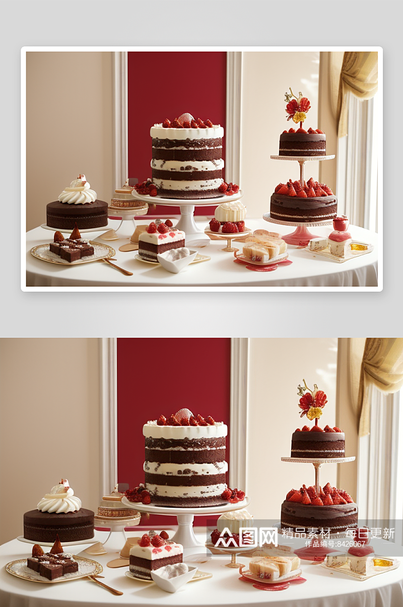 草莓蛋糕与水果拼盘的清爽组合素材