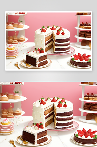 草莓蛋糕与水果拼盘的清爽组合