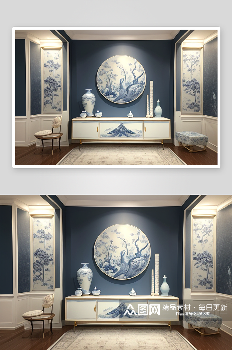 青花瓷的房间布置场景素材