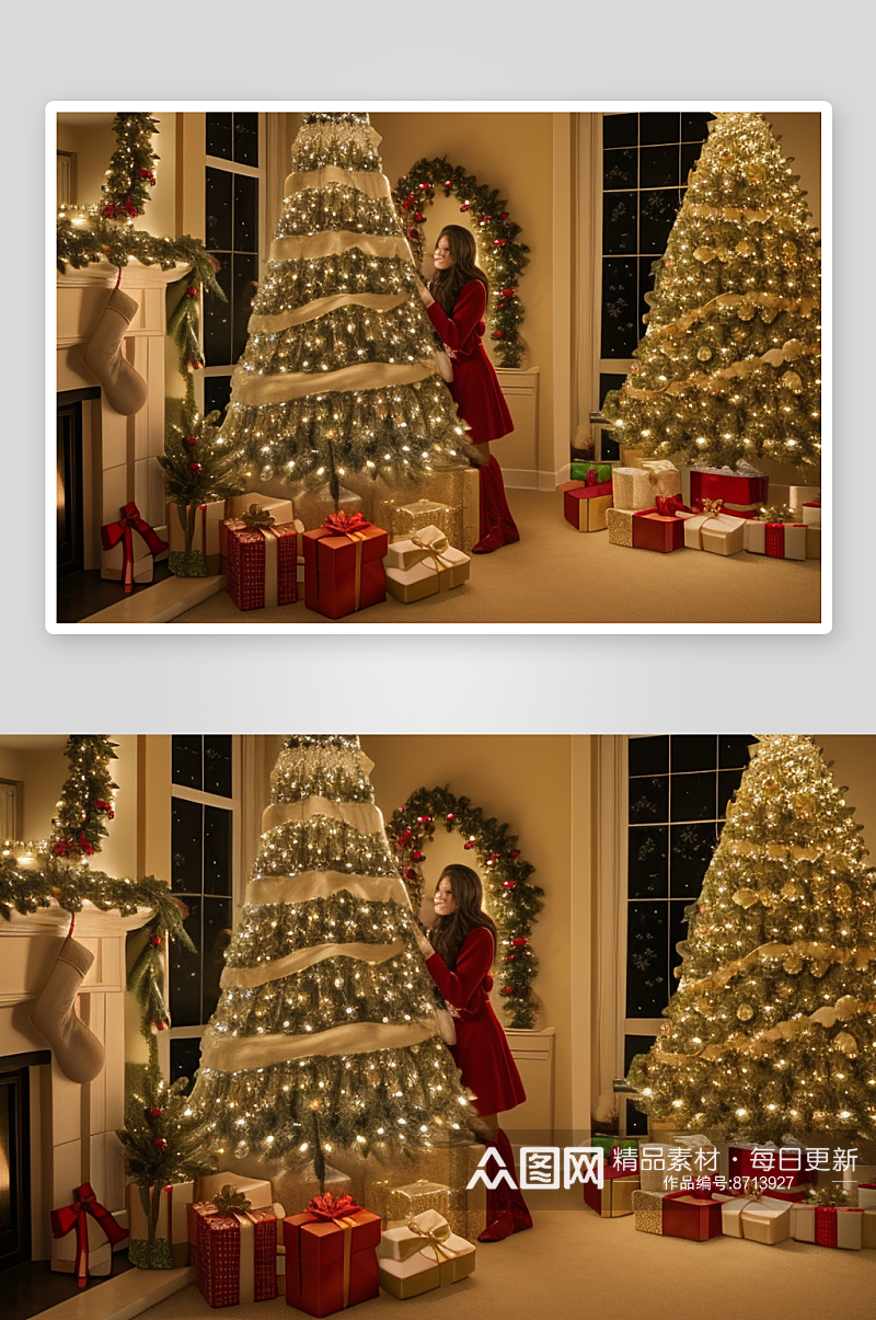 灯光圣诞树与家庭装饰素材