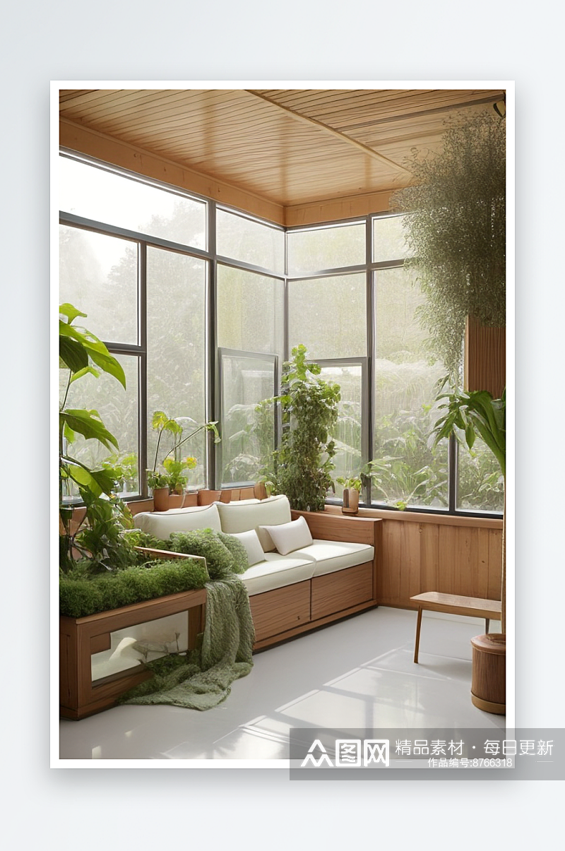 卧室花园温暖光线下的绿意生活素材