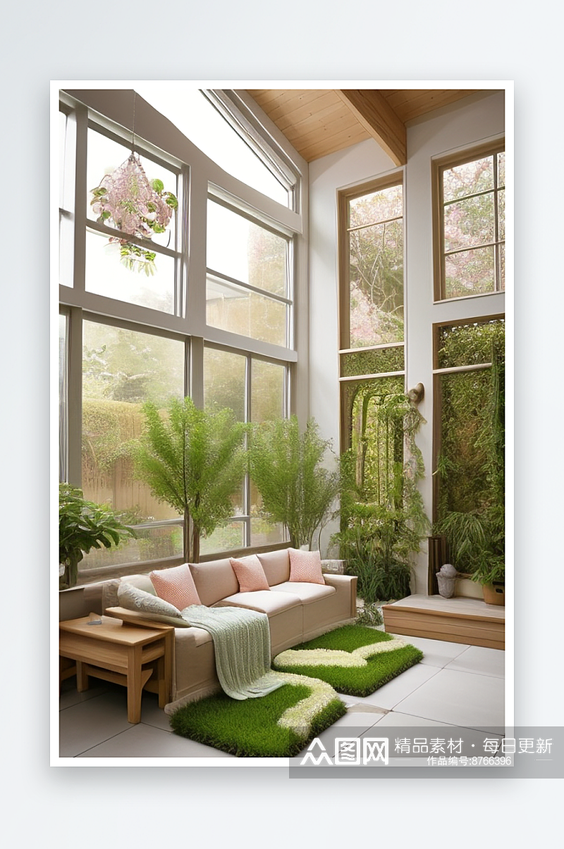 卧室花园里的温暖阳光与绿色植物素材