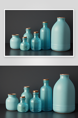 绿松石陶瓷瓶与天蓝玻璃瓶的静物油画